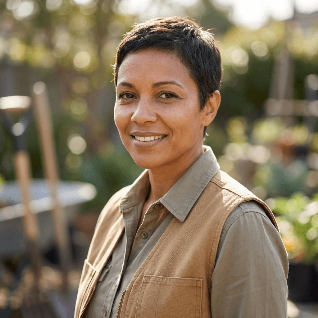 Female property owner standing in her backyard