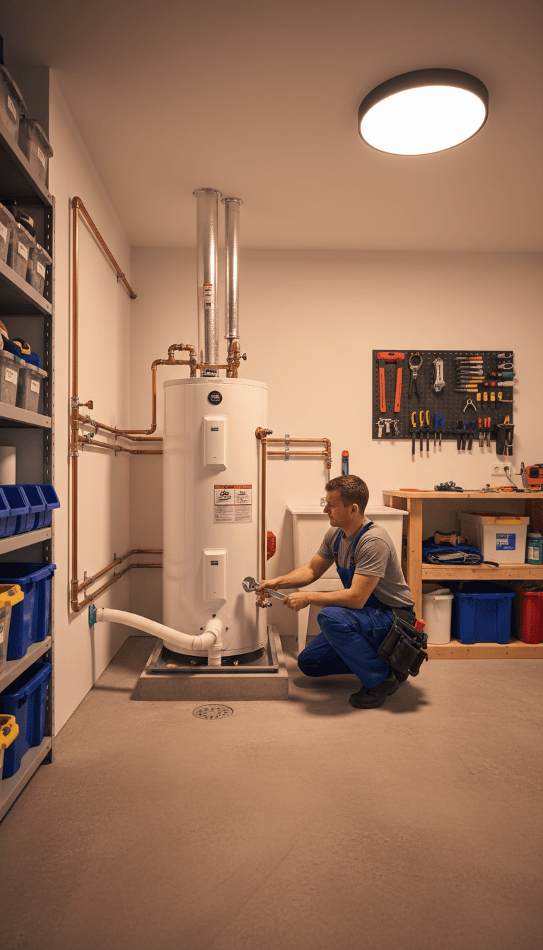 Plumber inspecting a new water heater