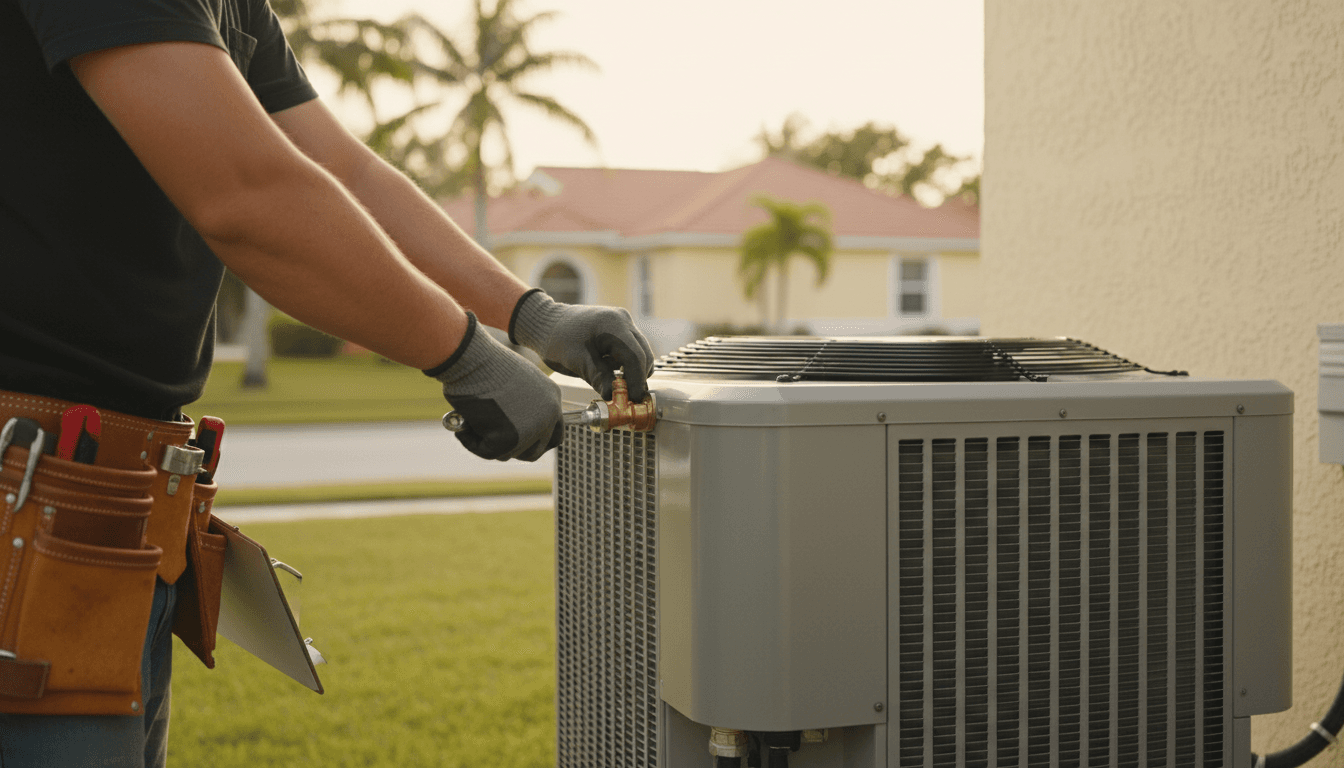 Technician's hands working on a residential AC unit with tools