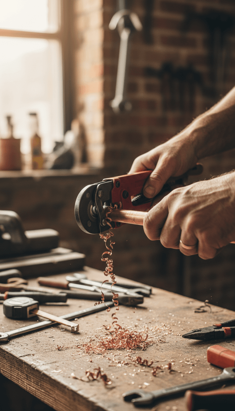 Close-up of copper pipe being cut
