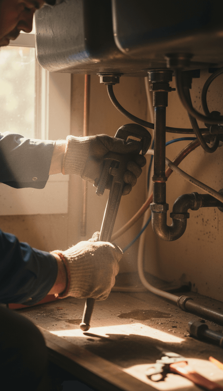 Plumber tightening a pipe fitting under a sink