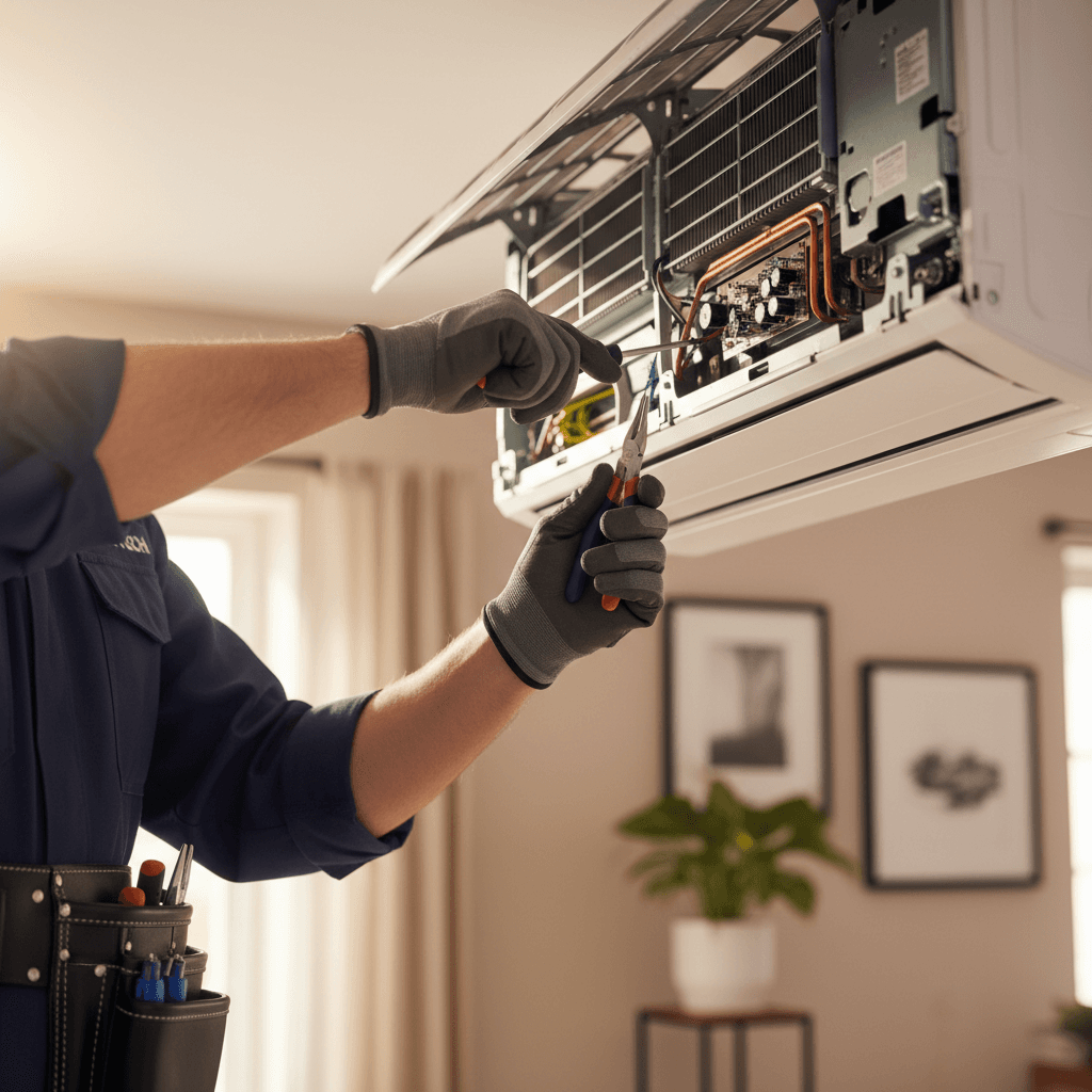HVAC technician's hand with wrench adjusting an outdoor AC unit in a Florida backyard