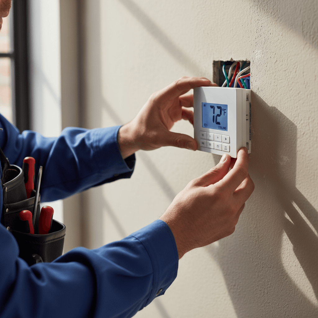 Technician installing a thermostat