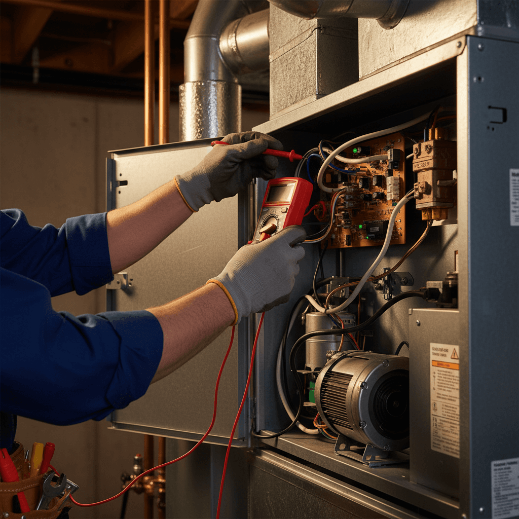 Technician servicing a furnace