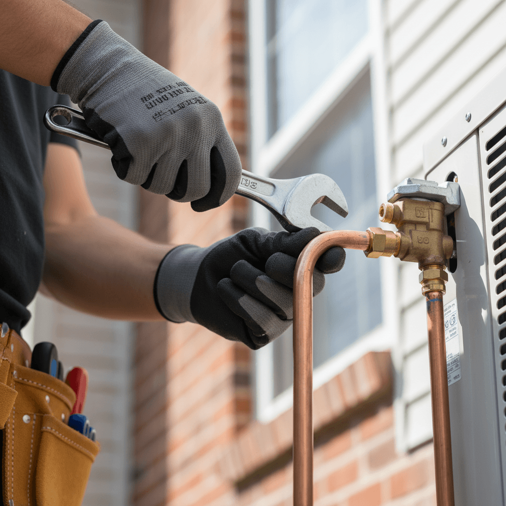 Technician adjusting an AC refrigerant line