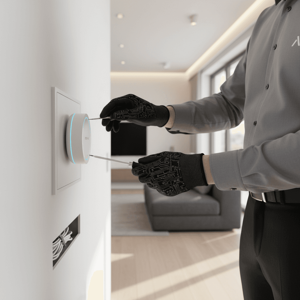 Home service technician standing at a front door ready to start work