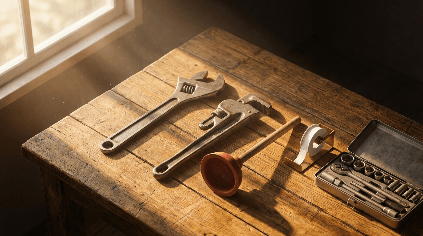 HVAC and plumbing tools on a workbench