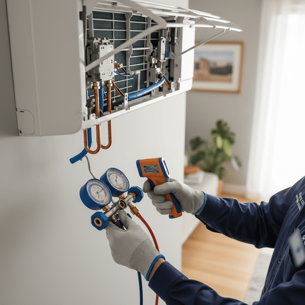 Technician inspecting an air conditioning unit outside a home in Indiantown, Florida
