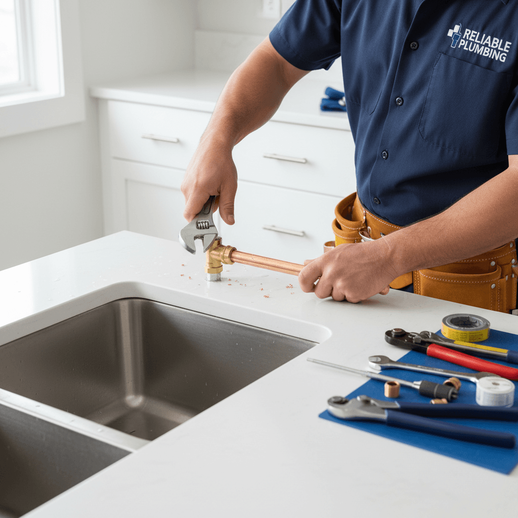 Plumber installing a kitchen faucet